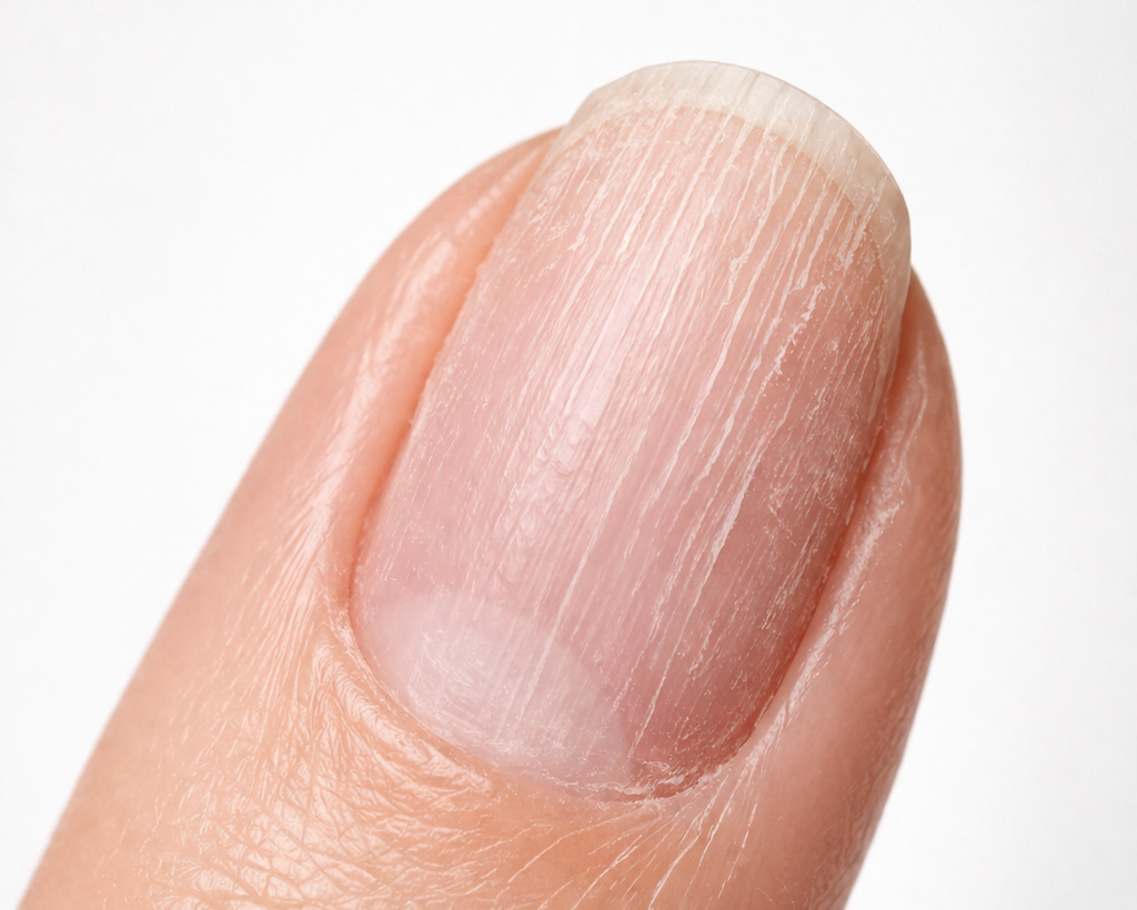 Dry nails that snap easily, split or have visible vertical lines or ridges that run from the cuticle to the tip.