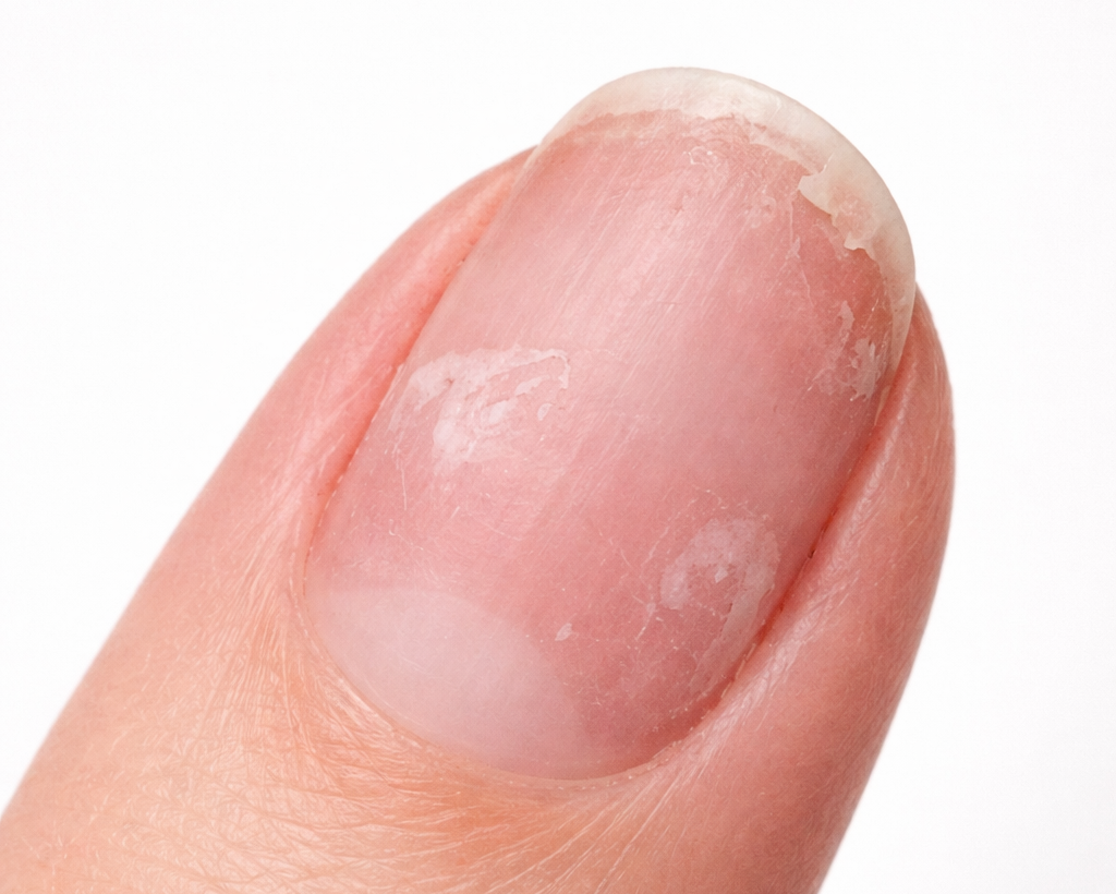 Mechanical damage from overfiling, ripping or peeling enhancements off, also nails that are bitten or torn.